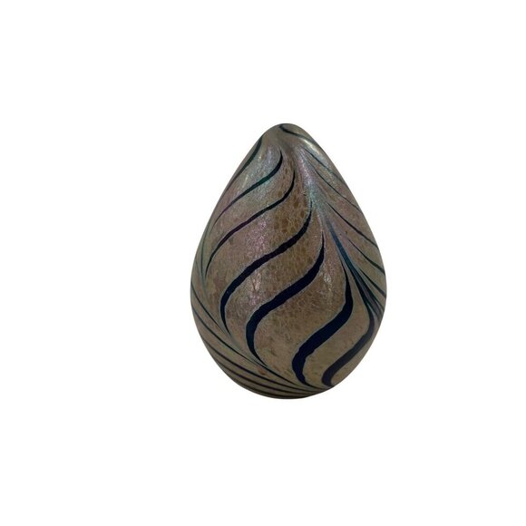 Handcrafted Iridescent Swirled Glass Egg Paperweight 3 Inches Tall Art Glass - Picture 3 of 7